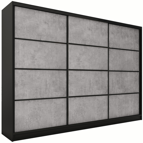 Šatní skříně Šatní skříň HARAZIA 250 bez zrcadla, se 4 šuplíky a 2 šatními tyčemi, černý mat/beton
