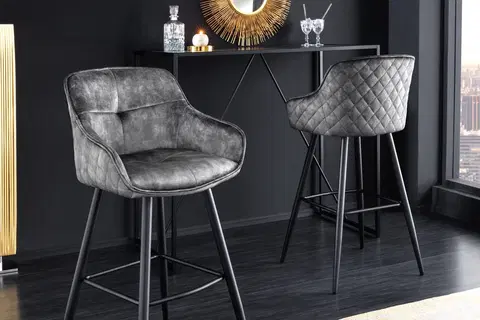 Luxusní barový nábytek Estila Glamour designová barová židle Rufus s tmavě šedým sametovým čalouněním a černou konstrukcí z kovu 100cm