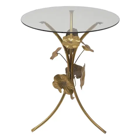 Konferenční stolky Zlatý antik kovový stolek s listy a skleněnou deskou Lave - Ø 60*76 cm Clayre & Eef 5Y1068