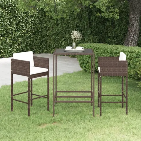 Barové židle Zahradní barový set s poduškami 3 ks látka / polyratan Dekorhome Hnědá