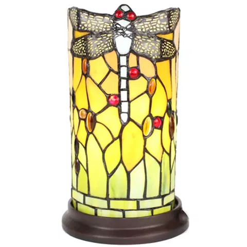 Svítidla Oranžovo-zelená válcovitá stolní Tiffany lampa s vážkou - Ø 15*26 cm E14/max 1*40W Clayre & Eef 5LL-6299