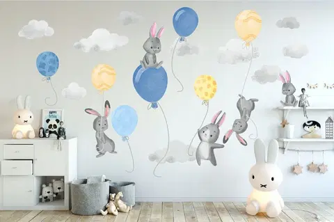 Zvířátka Velká nálepka na zeď modře žlutá zajíčková a balóny 100 x 200 cm