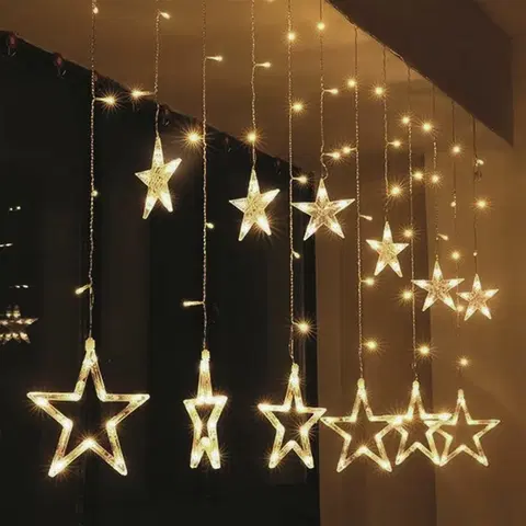 LED osvětlení na baterie Solight LED vánoční závěs, hvězdy, šíře 1,8m, 77LED, IP20, 3xAA, USB 1V227