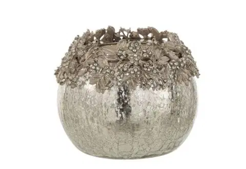 Svícny Skleněný svicen na čajovou svíčku se stříbrným zdobením a kamínky Luxy - Ø  8*11cm J-Line by Jolipa 7781
