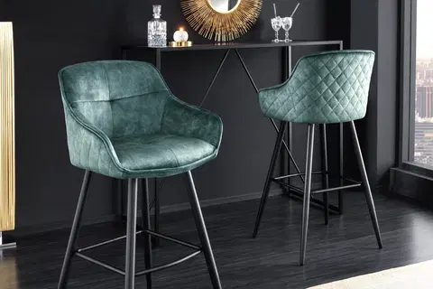 Luxusní barový nábytek Estila Designová glamour barová židle Rufus s modrozeleným sametovým potahem a černou kovovou konstrukcí 100cm