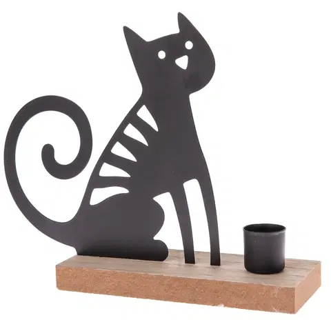 Svícny Kovový svícen na čajovou svíčku Kočka, 20 x 16,5 x 6 cm