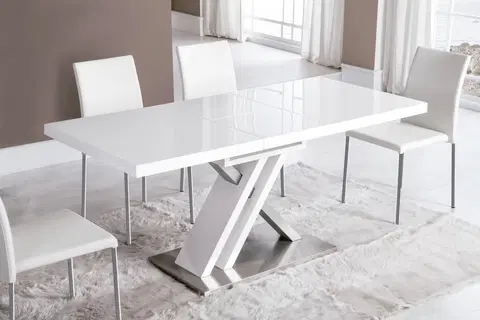 Designové a luxusní jídelní stoly Estila Moderní obdélníkový rozkládací jídelní stůl Brillante v lesklé bílé barvě s kovovou podstavou atypického tvaru 130(170)cm