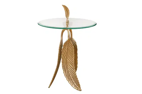 Luxusní a designové příruční stolky Estila Art-deco kulatý příruční stolek Pluma se skleněnou vrchní deskou a podstavou s designem pírek ve zlaté barvě 45 cm