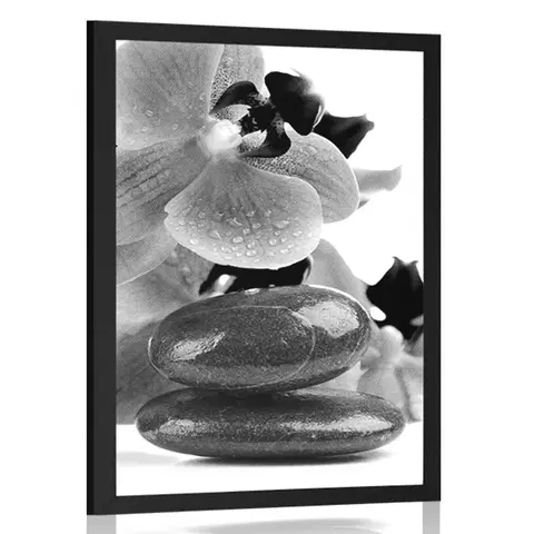 Černobílé Plakát SPA kameny a orchidej v černobílém provedení
