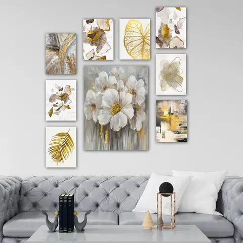 Obrazy Hanah Home Sada obrazů Golden flowers 9 ks