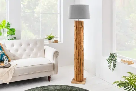 Designové a luxusní stojící lampy Estila Stojící vysoká lampa Treety z teakového masivu ve venkovském stylu s šedým stínítkem 175cm