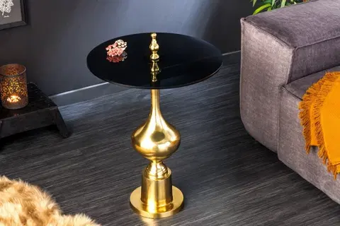 Luxusní a designové příruční stolky Estila Luxusní art deco příruční stolek Marietta se zlatou ozdobnou podstavou a černou kulatou vrchní deskou 65cm