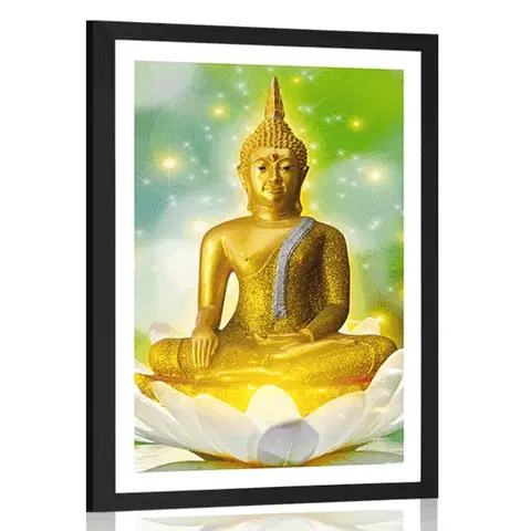 Feng Shui Plakát s paspartou zlatý Buddha na lotosovém květu