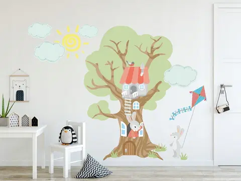 Zvířátka Moderní dětská nálepka zeď zaječí rodinka ze stromu 100 x 200 cm