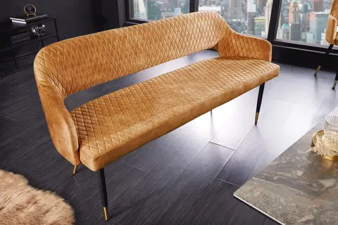 Stylové a luxusní lavice Estila Designová čalouněná art deco lavice Fribourg s asymetrickými nožičkami zlatá žlutá 162 cm