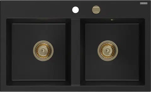 Sifony k pračkám MEXEN/S Hektor granitový dřez 2-bowl 800 x 480 mm, černá, zlatý sifon 6521802000-77-G