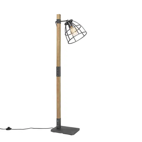 Stojaci lampy Industriální stojací lampa tmavě šedá se dřevem - Arthur