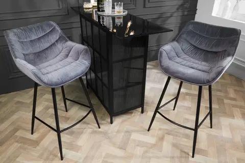 Luxusní barový nábytek Estila Designová barová židle Kotor s šedým sametovým potahem a černýma nohama z kovu 105cm