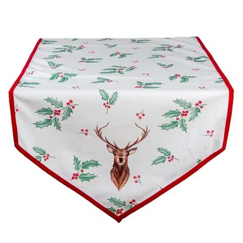 Ubrusy Běhoun na stůl Holly Christmas s červeným lemem a jelenem - 50*160 cm Clayre & Eef HCH65