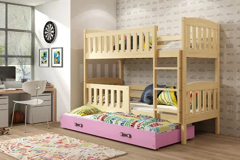 Postele BMS Dětská patrová postel s přistýlkou KUBUŠ 3 | borovice Barva: Borovice / růžová, Rozměr: 190 x 80 cm