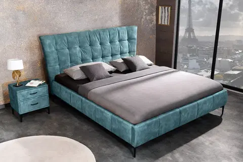 Luxusní a stylové postele Estila Designová manželská postel Velouria petrolejové modré barvy se sametovým čalouněním 180x200