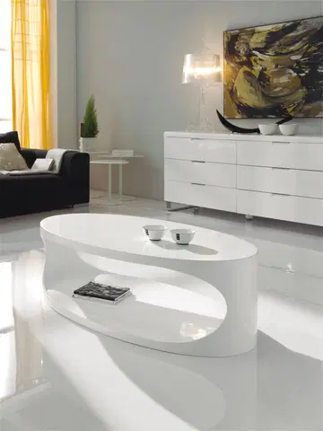 Designové a luxusní konferenční stolky Estila Moderní lesklý konferenční stolek Danea oválného tvaru bílé barvy 120cm