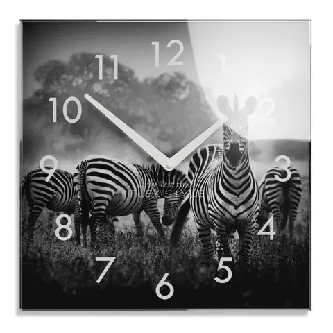 Nástěnné hodiny Dekorační černobílé skleněné hodiny 30 cm s motivem zebry