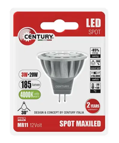 LED žárovky CENTURY LED spot MAXILED 3W 12VDC/AC MR11 4000K 185Lm 30d pr.35x38mm IP20 BL