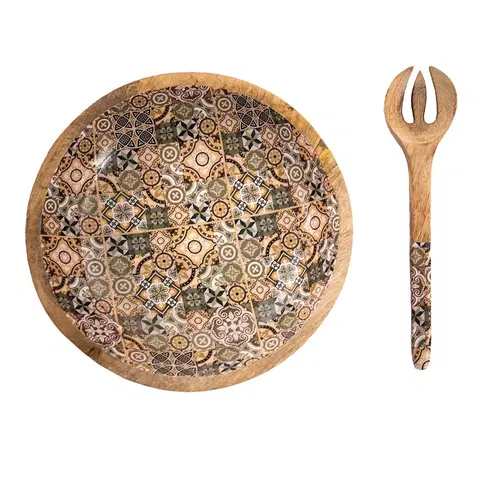 Mísy a misky Dřevěná servírovací mísa se salátovou vidličkou a vnitřkem s ornamenty - Ø30*7 cm Clayre & Eef 6H2165