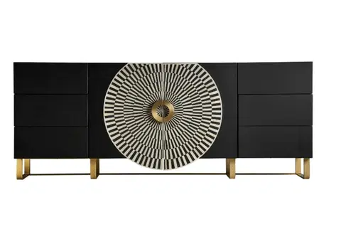 Luxusní příborníky a komody Estila Art-deco exkluzivní příborník Caderina černé barvy se zlatými prvky ze dřeva a kovu 200cm