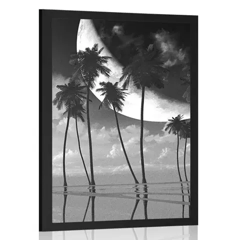 Černobílé Plakát západ slunce nad tropickými palmami v černobílém provedení
