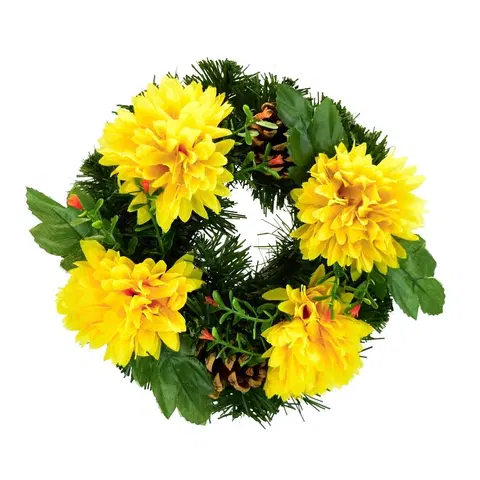 Květiny Dušičkový věneček zdobený podzimními květy 20 cm, žlutá
