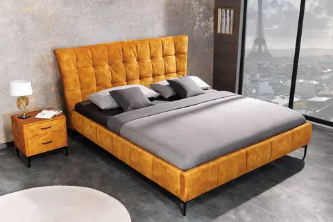 Luxusní a stylové postele Estila Designová manželská postel Velouria se žlutým sametovým čalouněním a černými nožičkami 180x200cm