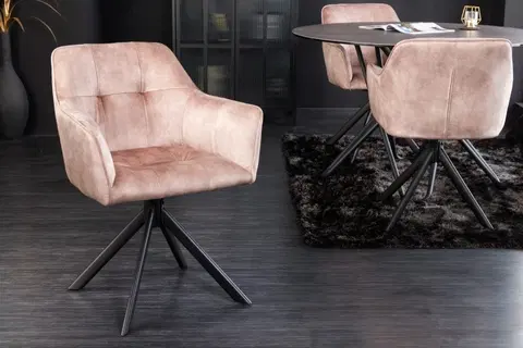 Designové a luxusní židle do pracovny a kanceláře Estila Moderní otočná kancelářská židle Devon se sametovým starorůžovým čalouněním a černýma nohama z kovu 83cm