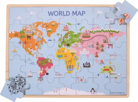 Dřevěné hračky Bigjigs Toys Dřevěné puzzle WORLD MAP modré
