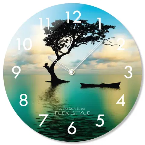 Nástěnné hodiny Kulaté skleněné hodiny 30 cm s motivem západu slunce