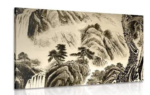 Černobílé obrazy Obraz čínská krajinomalba v sépiovém provedení