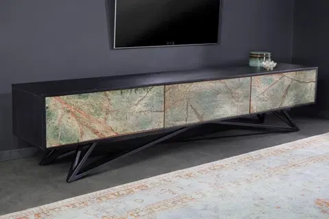 Luxusní a designové televizní stolky Estila Designový masivní TV stolek Elentia černé barvy s kamennými dvířky 200cm