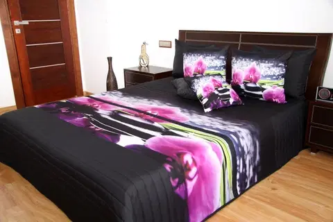 Přehozy na postel 3D s barevným potiskem 3D přehoz černé barvy se svíčkami a růžovými orchidejemi