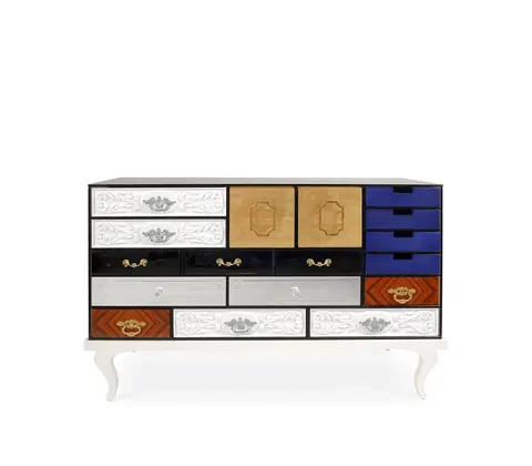 Luxusní příborníky a komody Estila Luxusní moderní komoda Mondrian z lakovaného masivního dřeva s 15ti designovými zásuvkami a dvěma dvířky 140cm