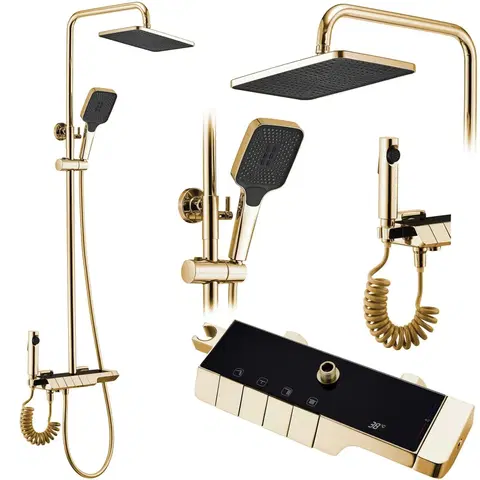 Sprchy a sprchové panely Sprchový set s termostatem Rea Rob zlatý - vanová baterie, dešťová, ruční a bidetová sprcha