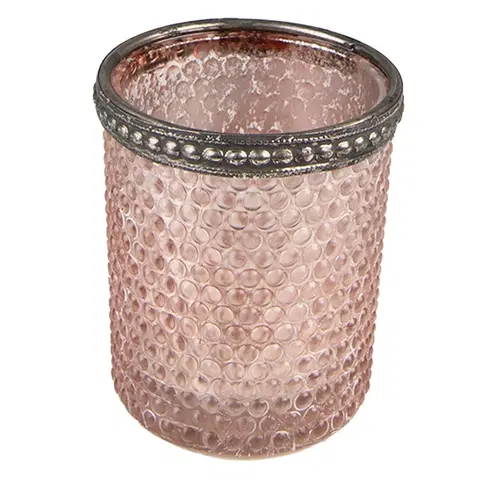 Svícny Růžový skleněný svícen na čajovou svíčku se zdobným okrajem - Ø 6*6 cm Clayre & Eef 6GL3976