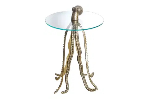 Luxusní a designové příruční stolky Estila Designový kulatý příruční stolek Polbitta s podstavou ve tvaru chobotnice ve zlaté barvě a skleněnou vrchní deskou 67 cm