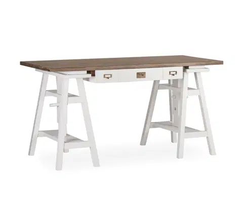 Stylové a luxusní pracovní a psací stoly Estila Koloniální pracovní stůl Blanc v bílo-hnědém provedení se třemi zásuvkami a nastavitelnou výškou 150cm