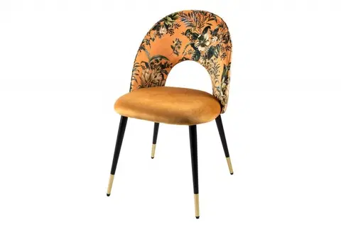Luxusní jídelní židle Estila Čalouněná art deco židle Floreque ve zlato-žluté barvě s tropickým vzorem a černými nožičkami 83cm
