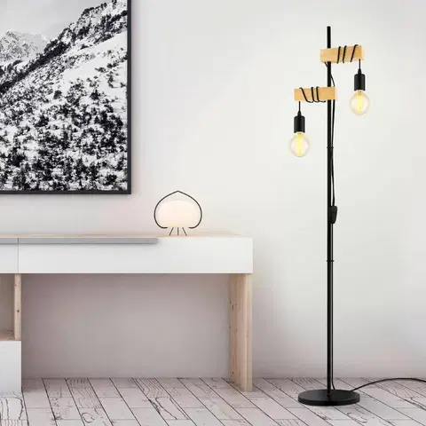 Stojací lampy EGLO Stojací lampa Townshend 2fl. černá/dřevo světlé