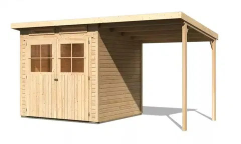Dřevěné plastové domky Dřevěný zahradní domek GLUCKSBURG 3 s přístřeškem 190 Lanitplast Přírodní dřevo
