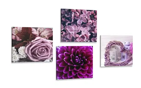 Sestavy obrazů Set obrazů fialové květiny se srdíčkem
