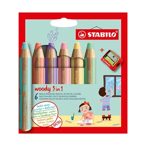 Hračky STABILO - Barvička, vodovka a voskovka - woody 3 v 1 - 6 ks balení s ořezávatkem