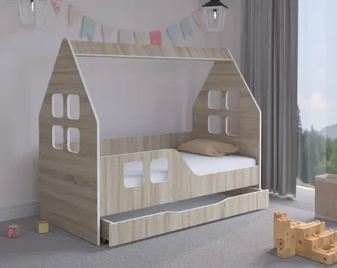 Dětské postele Dětský domeček na postel se šuplíkem 140 x 70 cm v provedení dub sonoma levý